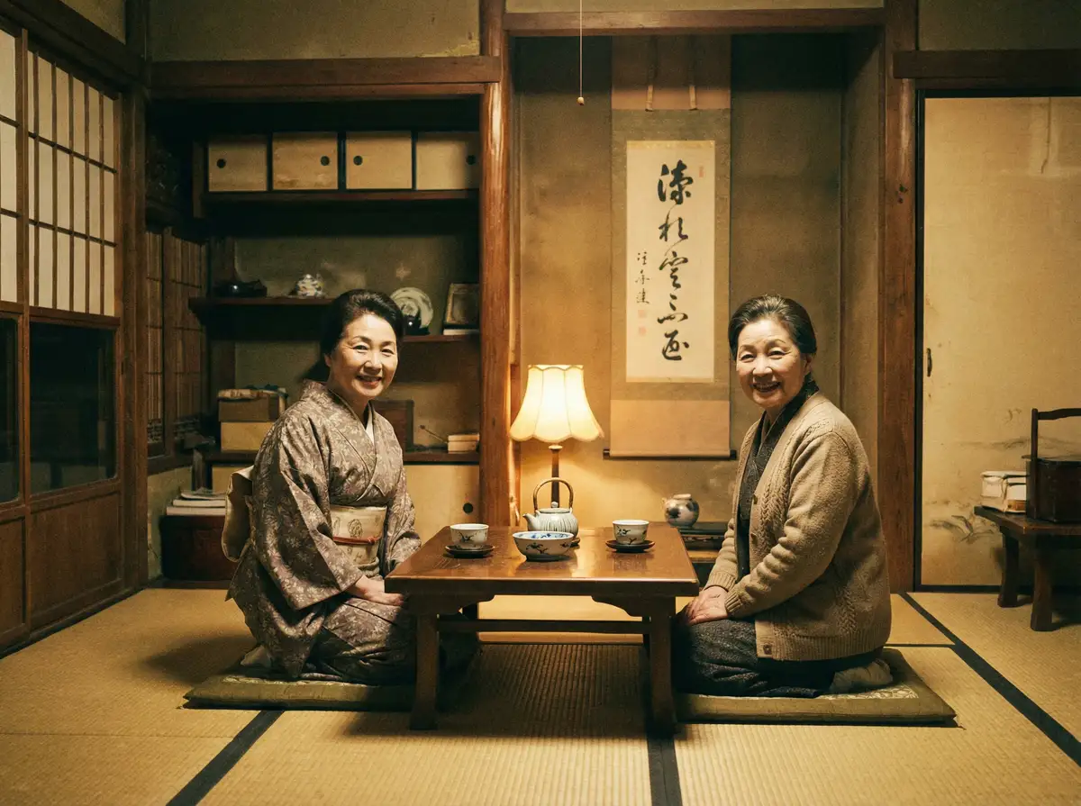 两位优雅的 91看片 在日式茶室中品茶交谈